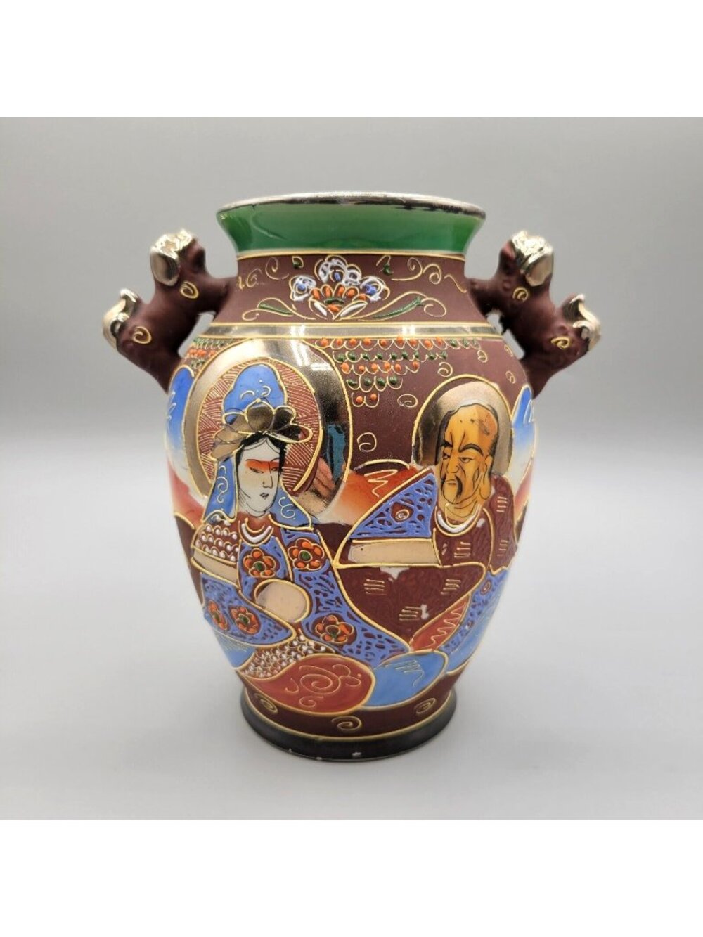 Japanese Satsuma Ware Vase Foo Dogs Moriage Hand Painted Gold Mid Century